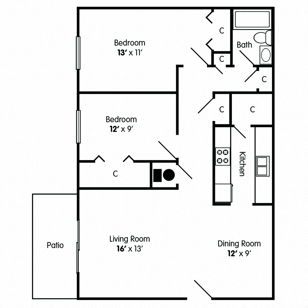 Floor plan for 2 beds, 1 bath, 845 sqft